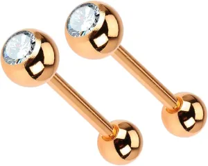 2 Pc Rose Gold IP 316L Surgical Steel CZ Barbell Tongue Ring Piercing 14g Pink Body Unique Jewelry Delicate Design Piercing Steel Surgical For Women