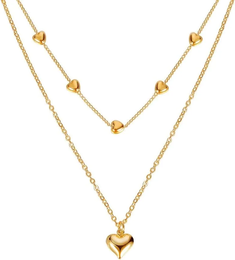 2 Pcs Gold Double Layer Ball Heart Shaped Figaro Necklaces Fashion Trendy Love Collarbone Cuba Chain Stackable Neck Hypoallergenic Waterproof Jewelry for Women
