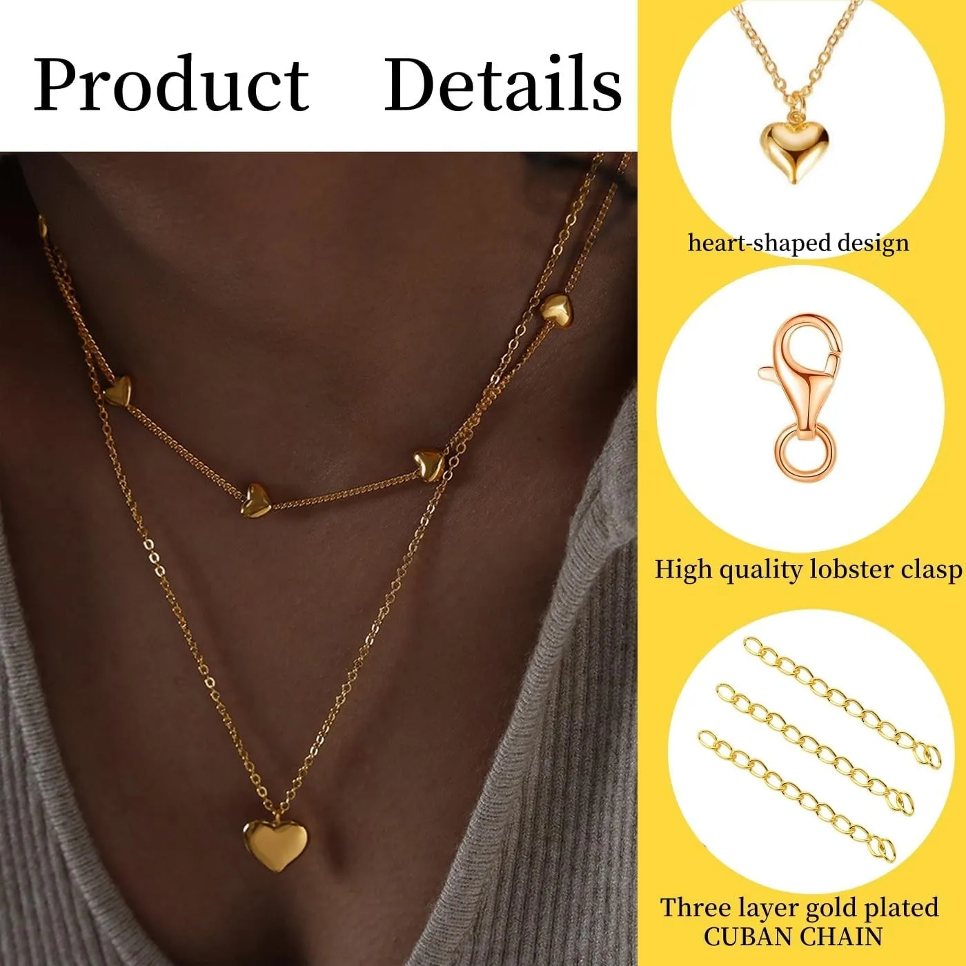 2 Pcs Gold Double Layer Ball Heart Shaped Figaro Necklaces Fashion Trendy Love Collarbone Cuba Chain Stackable Neck Hypoallergenic Waterproof Jewelry for Women