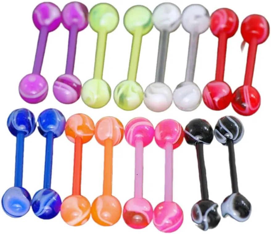 20 Pc (10 Pairs) UV Marble Flexible Bar Tongue Rings, Barbells No Metal Body Unique Jewelry Delicate Design Piercing Steel Surgical For Women