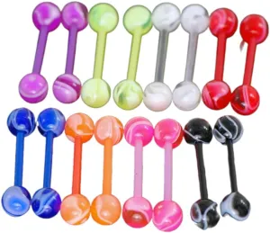 20 Pc (10 Pairs) UV Marble Flexible Bar Tongue Rings, Barbells No Metal Body Unique Jewelry Delicate Design Piercing Steel Surgical For Women