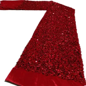 2022 High Quality 5 Yards Red Velvet Sequence African Swiss Voile Embroidery 3D Sequins Net Lace Fabric