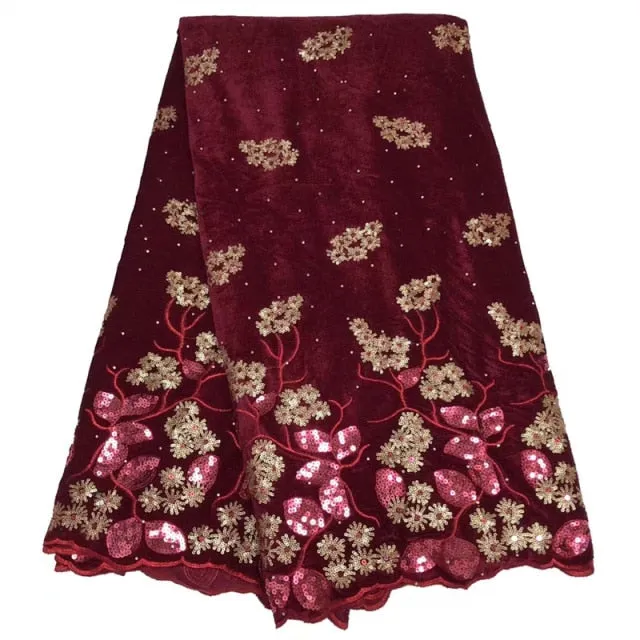 2022 High Quality 5 Yards Red Velvet Sequence African Swiss Voile Embroidery 3D Sequins Net Lace Fabric