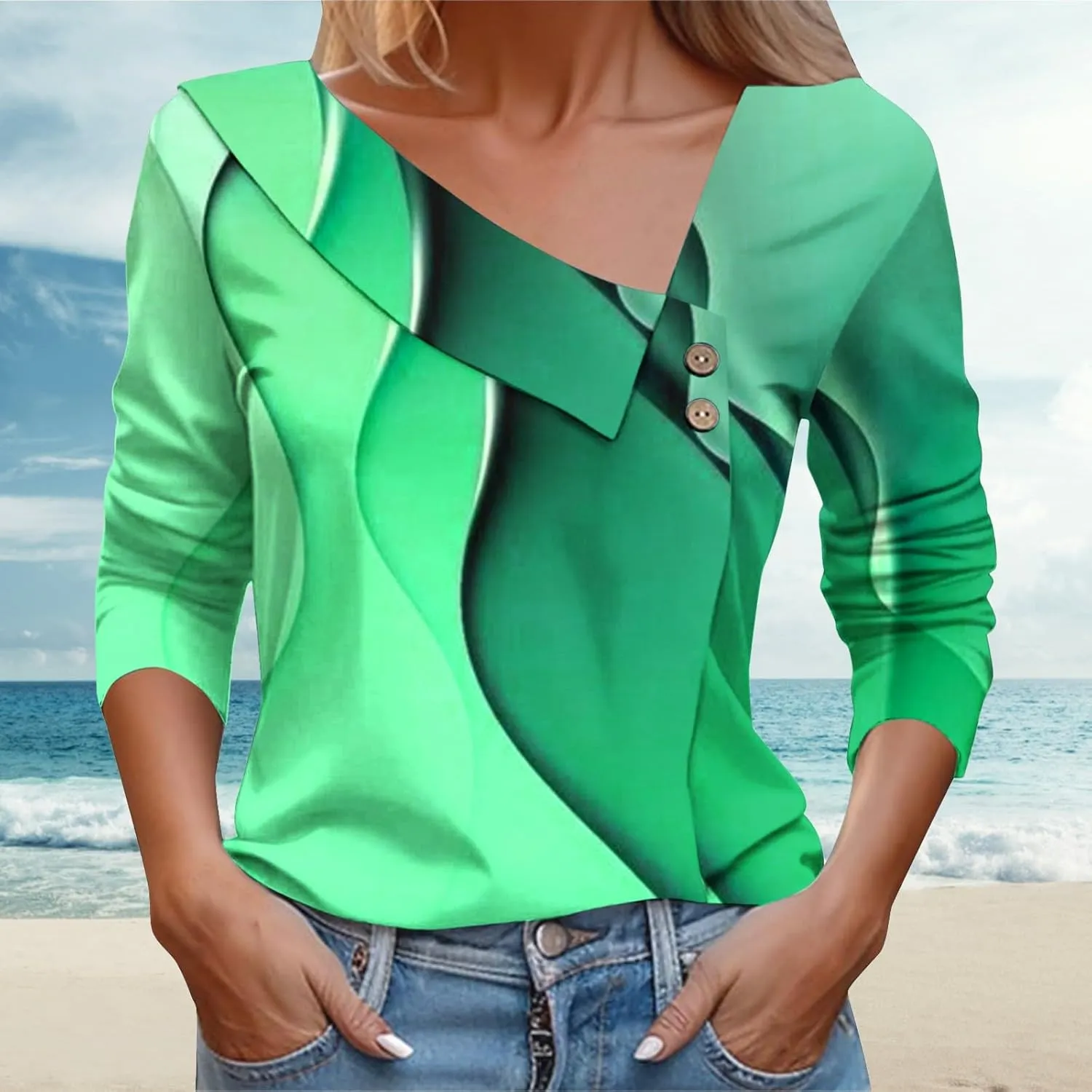 2025 Spring Shirt for Women Trendy Asymmetric Collar Regular Work Business Blouses 3/4 Sleeve Floral Print Casual Tee