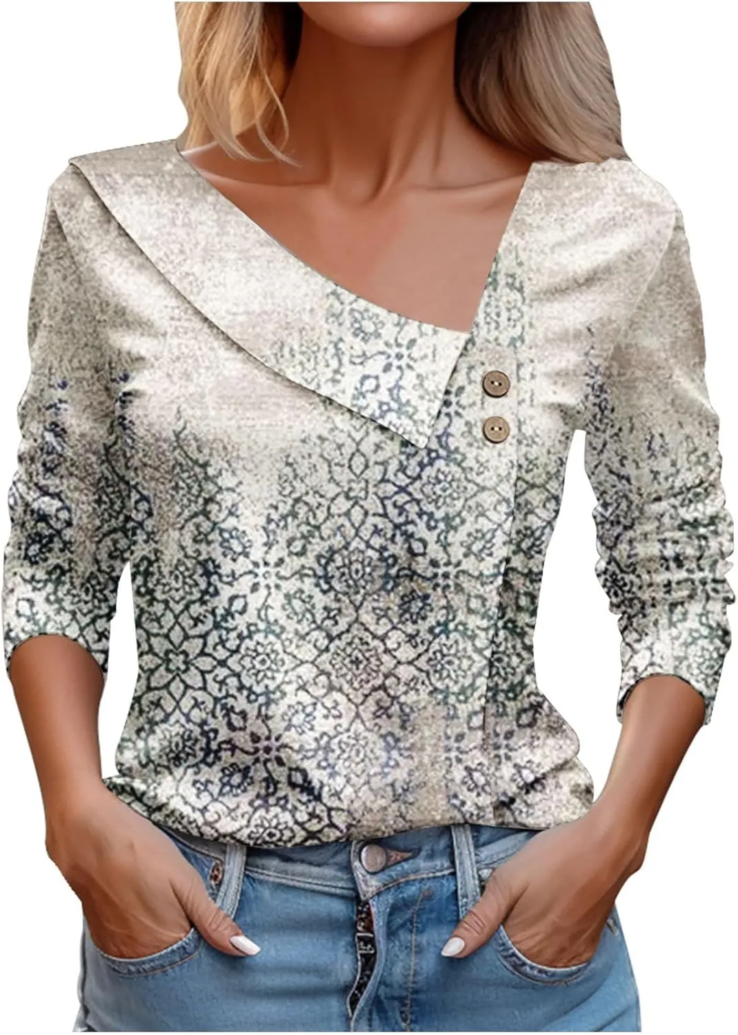 2025 Spring Shirt for Women Trendy Asymmetric Collar Regular Work Business Blouses 3/4 Sleeve Floral Print Casual Tee