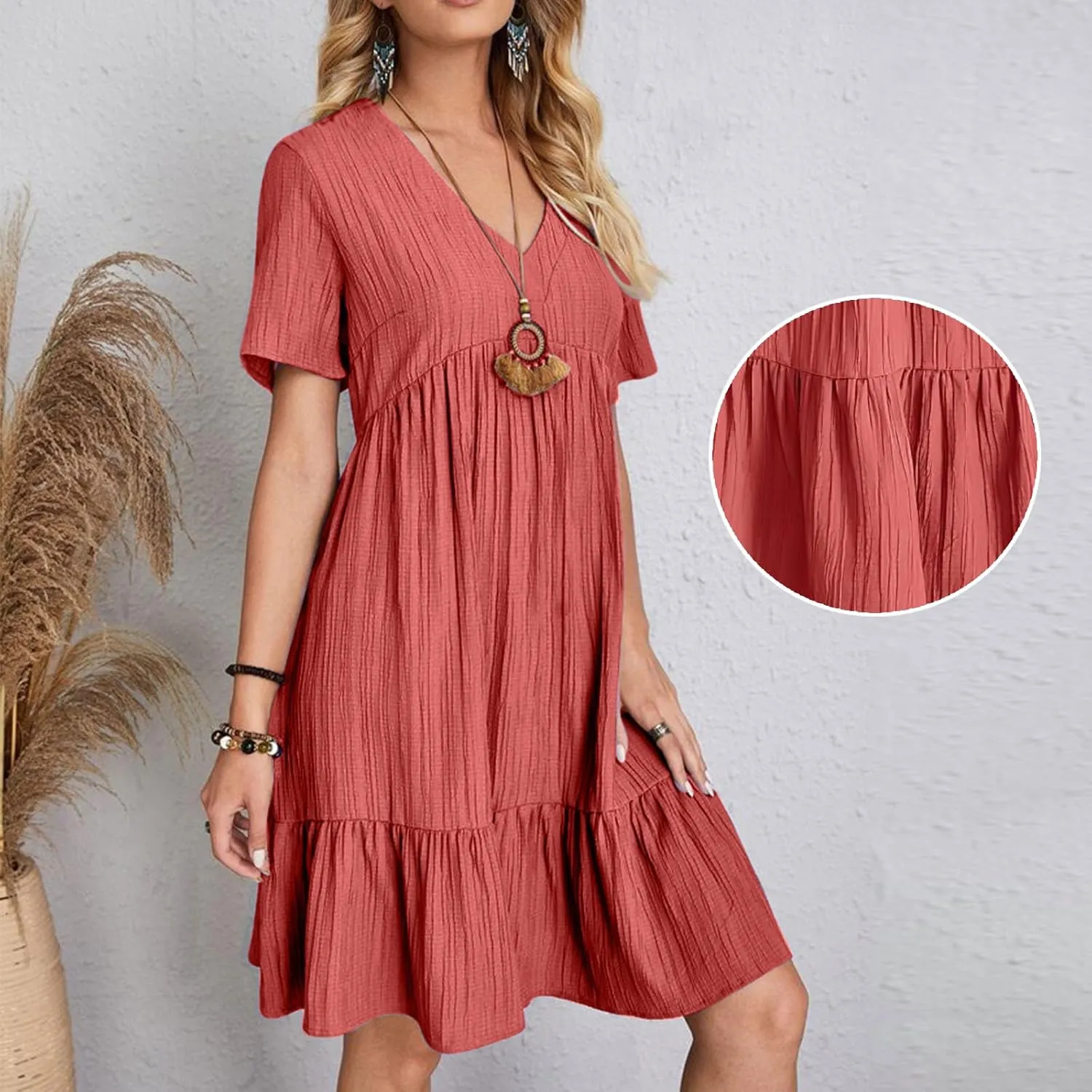 2025 Women's Summer Dresses Vacation Short Sleeve v Neck Mini T Shirt Dress Pleated Ruffle Flowy Tiered Beach Sundresses