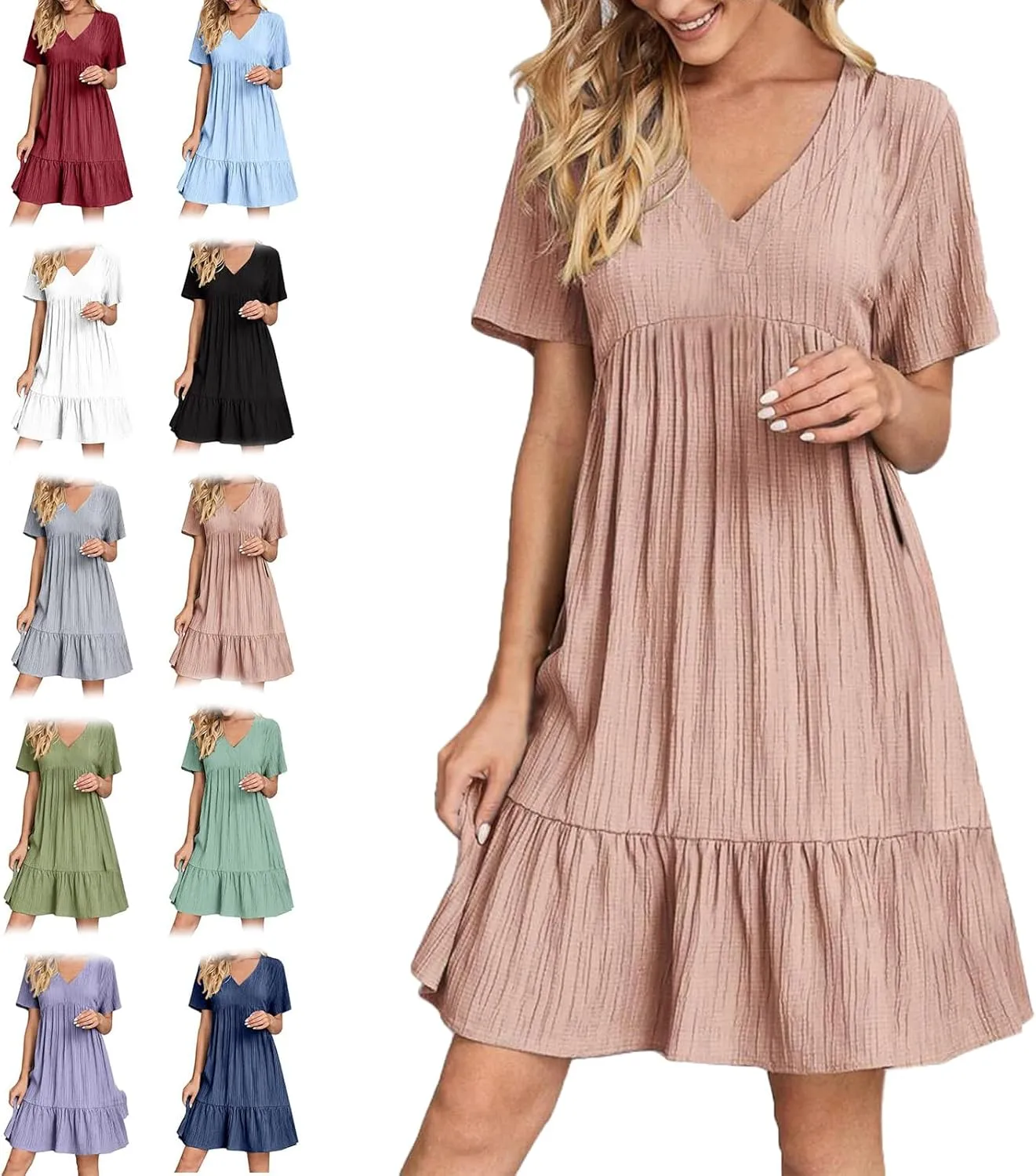 2025 Women's Summer Dresses Vacation Short Sleeve v Neck Mini T Shirt Dress Pleated Ruffle Flowy Tiered Beach Sundresses