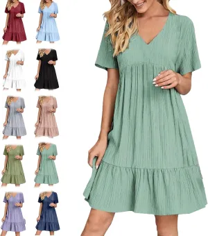 2025 Women's Summer Dresses Vacation Short Sleeve v Neck Mini T Shirt Dress Pleated Ruffle Flowy Tiered Beach Sundresses