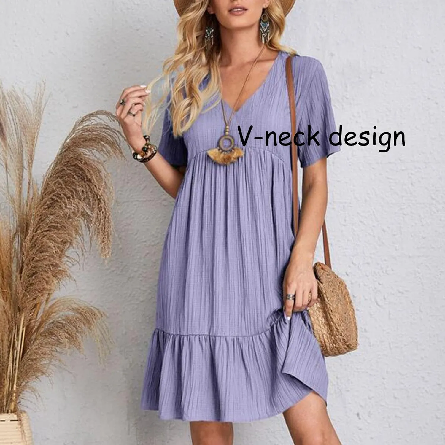 2025 Women's Summer Dresses Vacation Short Sleeve v Neck Mini T Shirt Dress Pleated Ruffle Flowy Tiered Beach Sundresses