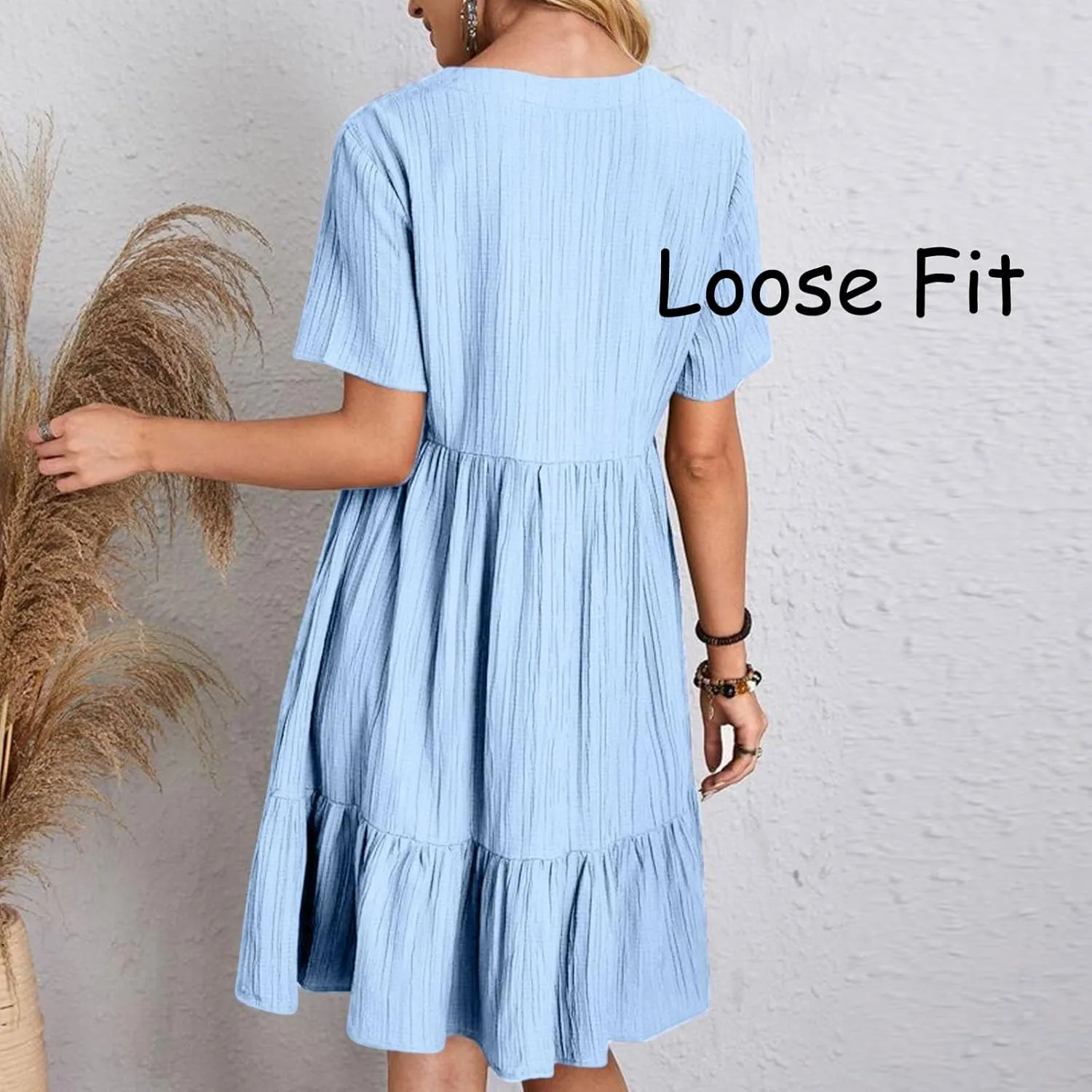 2025 Women's Summer Dresses Vacation Short Sleeve v Neck Mini T Shirt Dress Pleated Ruffle Flowy Tiered Beach Sundresses