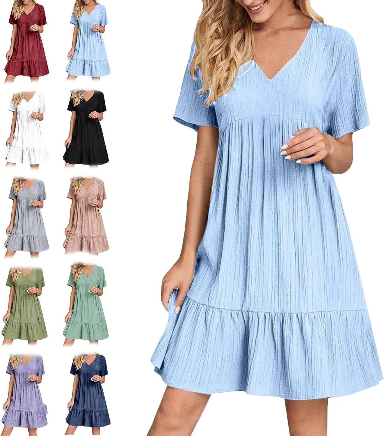 2025 Women's Summer Dresses Vacation Short Sleeve v Neck Mini T Shirt Dress Pleated Ruffle Flowy Tiered Beach Sundresses