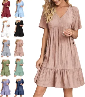 2025 Women's Summer Dresses Vacation Short Sleeve v Neck Mini T Shirt Dress Pleated Ruffle Flowy Tiered Beach Sundresses