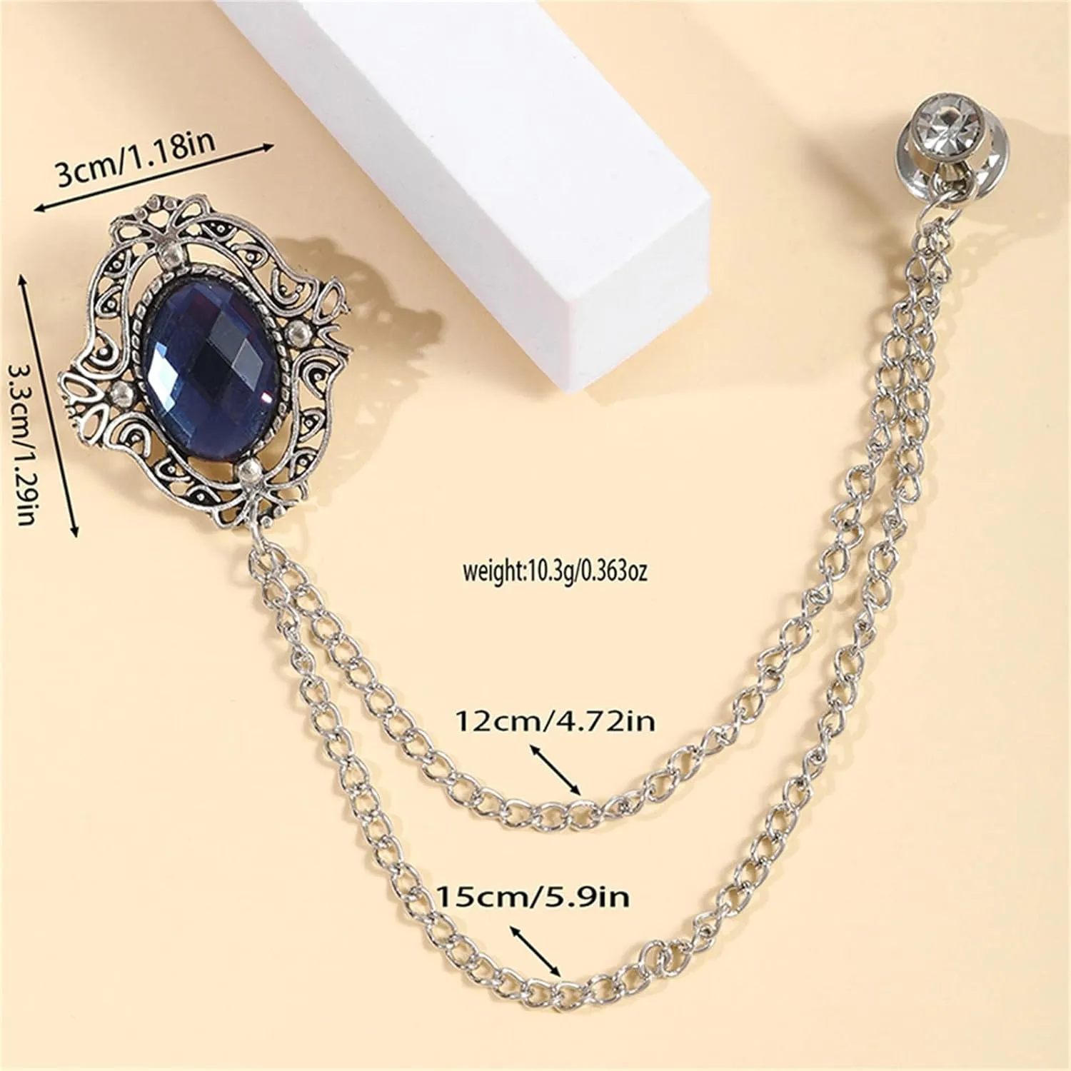 2PCS Gem Brooch Lapel Pin Chain for Men Antique Baroque Crystal Brooches for Shirts Badge Hanging Chains Tuxedo Accessories for Boyfriend Father Birthday Holiday Gift