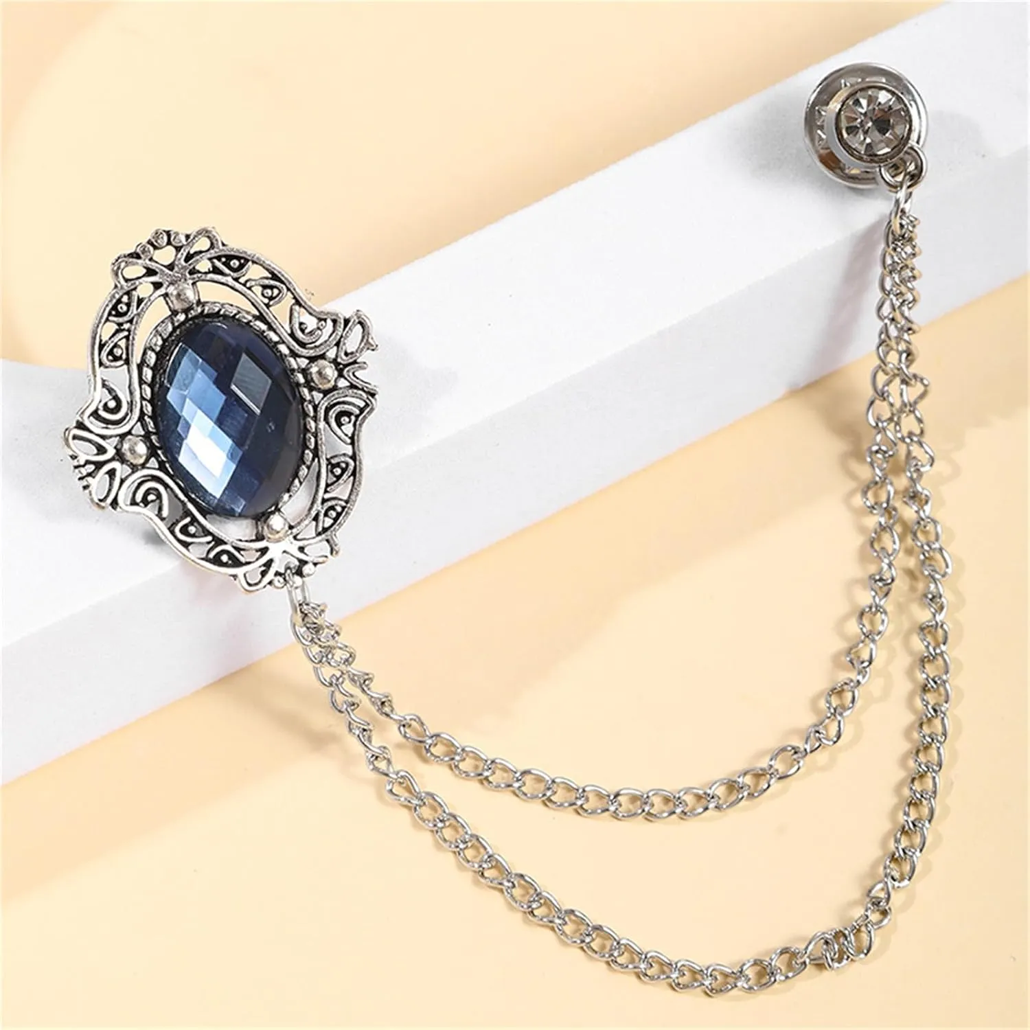 2PCS Gem Brooch Lapel Pin Chain for Men Antique Baroque Crystal Brooches for Shirts Badge Hanging Chains Tuxedo Accessories for Boyfriend Father Birthday Holiday Gift