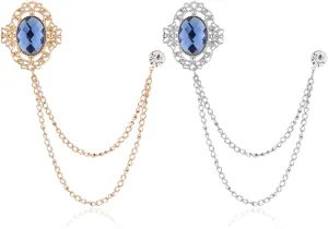 2PCS Gem Brooch Lapel Pin Chain for Men Antique Baroque Crystal Brooches for Shirts Badge Hanging Chains Tuxedo Accessories for Boyfriend Father Birthday Holiday Gift
