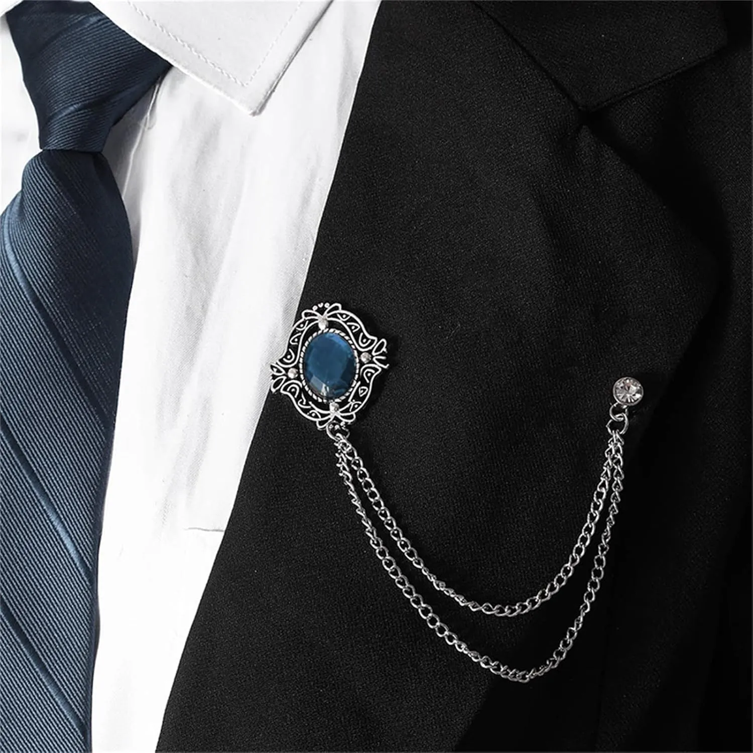 2PCS Gem Brooch Lapel Pin Chain for Men Antique Baroque Crystal Brooches for Shirts Badge Hanging Chains Tuxedo Accessories for Boyfriend Father Birthday Holiday Gift