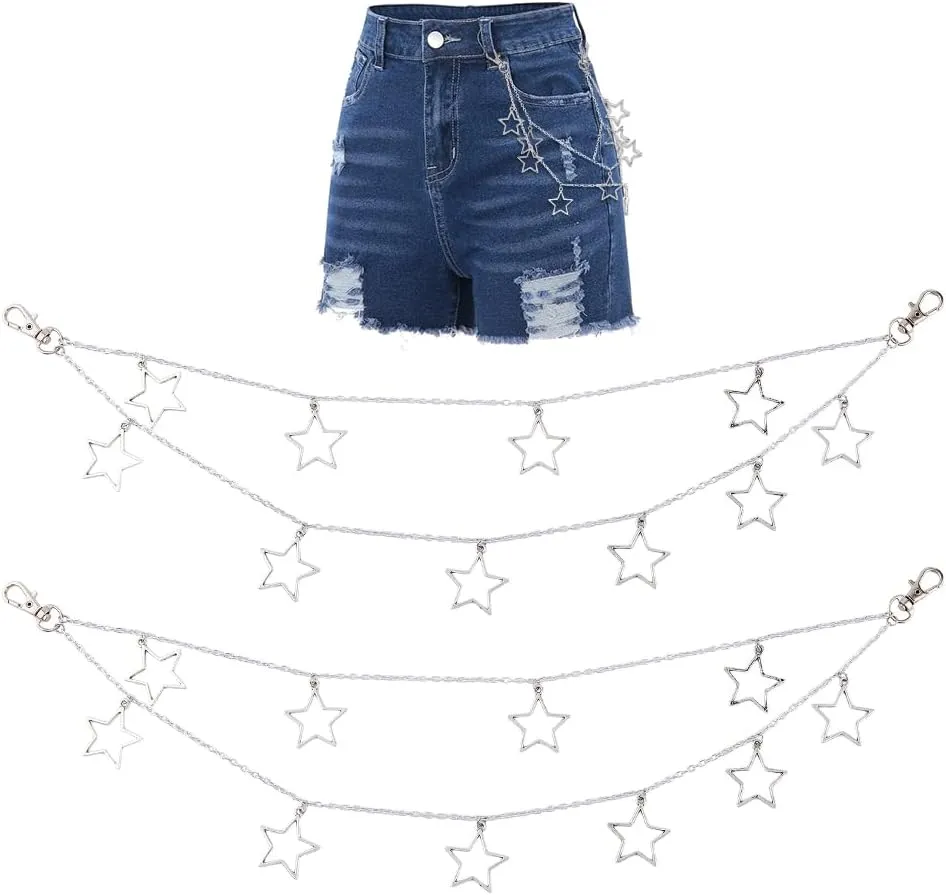 2pcs Hip Hop Punk Pants Chain 42cm Alloy Double Layered Jean Chain Star Pants Chain Goth Accessories for Women Men Trouser Jean Pants Waist Body Wallet Chain