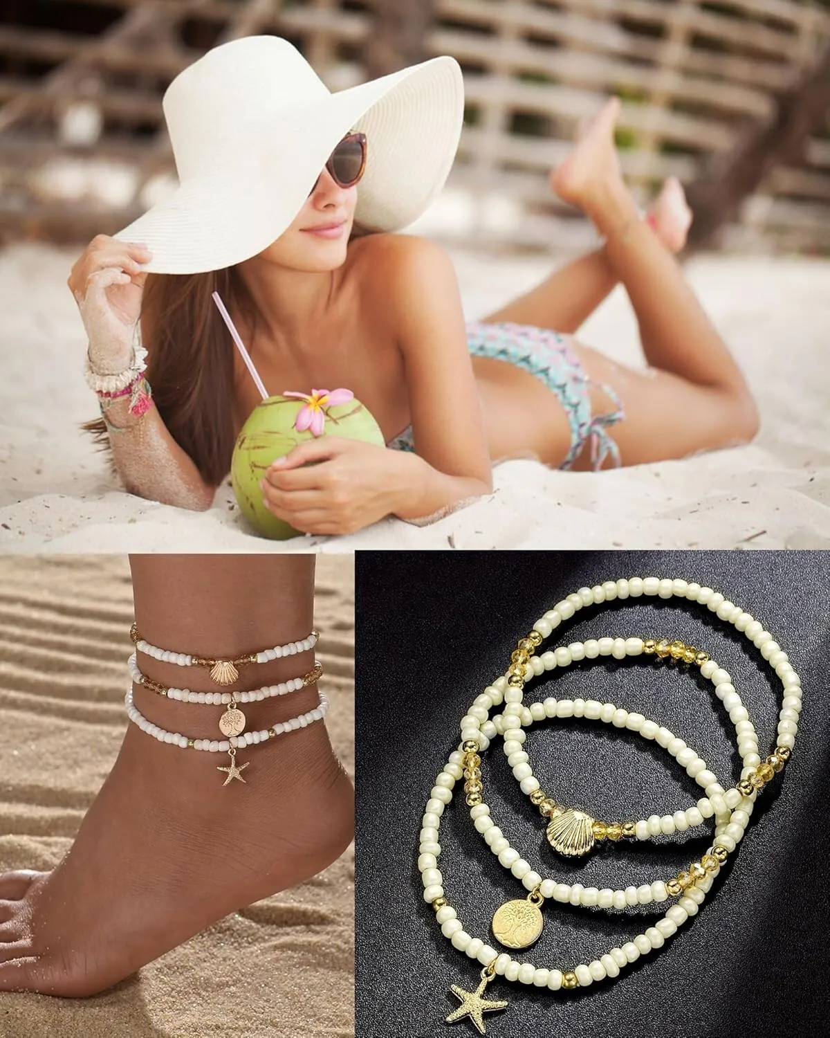 3 Pcs Shell Anklets Bracelets for Women Summer Sea Shell Starfish Ankle Bracelet Set Adjustable Handmade Boho Beaded Anklets Beach Surfer Foot Jewelry Accessories