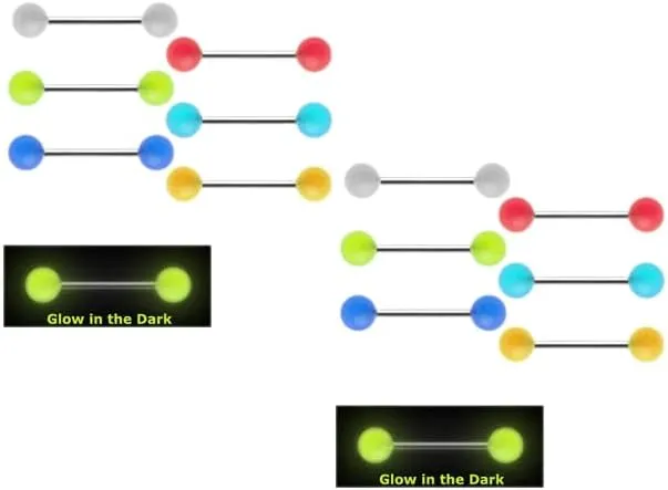 30 Pc 14g 5/8" 7 Colors Of GLOW IN THE DARK Tongue Rings, Barbells Body Unique Jewelry Delicate Design Piercing Steel Surgical For Women