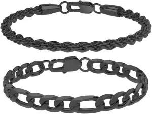 316L Stainless Steel Chain Bracelet for Men Women, 18K Gold Sturdy Metal Link, Silver Black Cuban/Figaro/Paperclip/Rope Fashion Jewelry Set for Dad, Boyfriend, Husband, Girlfriend (Black-Set B, 6.5 inch(X-Small))