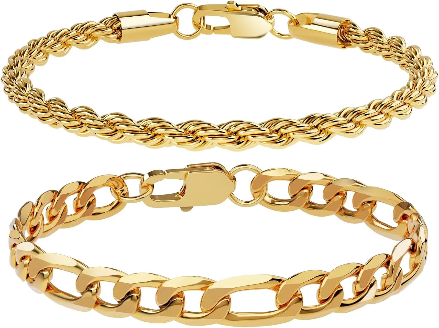 316L Stainless Steel Chain Bracelet for Men Women, 18K Gold Sturdy Metal Link, Silver Black Cuban/Figaro/Paperclip/Rope Fashion Jewelry Set for Dad, Boyfriend, Husband, Girlfriend (Gold-Set B, 7.5 inch(Women's Average Length))