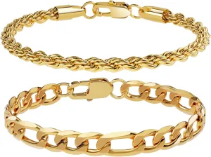 316L Stainless Steel Chain Bracelet for Men Women, 18K Gold Sturdy Metal Link, Silver Black Cuban/Figaro/Paperclip/Rope Fashion Jewelry Set for Dad, Boyfriend, Husband, Girlfriend (Gold-Set B, 7.5 inch(Women's Average Length))