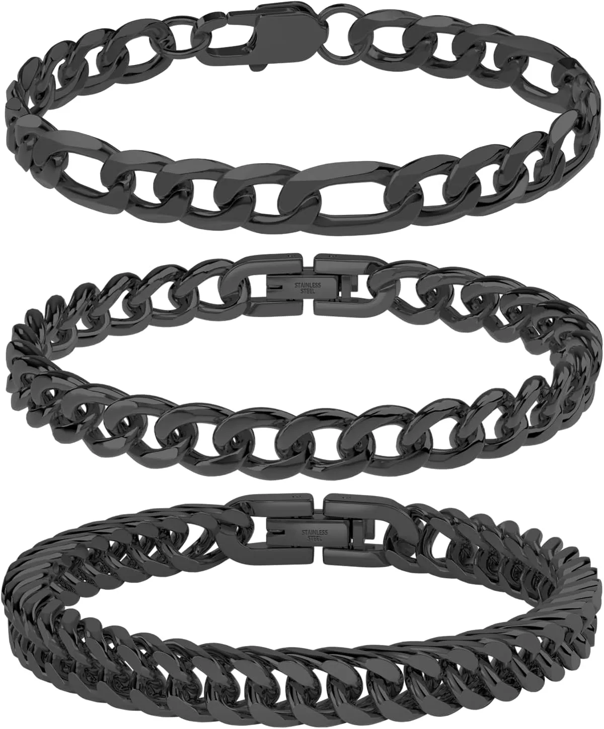 316L Stainless Steel Mens Chain Bracelet, 18K Gold Fashion Sturdy Metal Link, Silver Black Cuban/Figaro/Paperclip/Rope Jewelry Set for Men, Women, Dad, Father, Boyfriend, Girlfriend