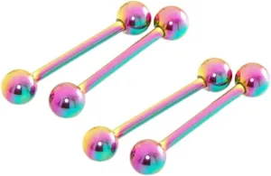 4 Pc 14g 5/8" Length 6 mm Balls Rainbow Titanium Tongue Ring, barbells Body Unique Jewelry Delicate Design Piercing Steel Surgical For Women