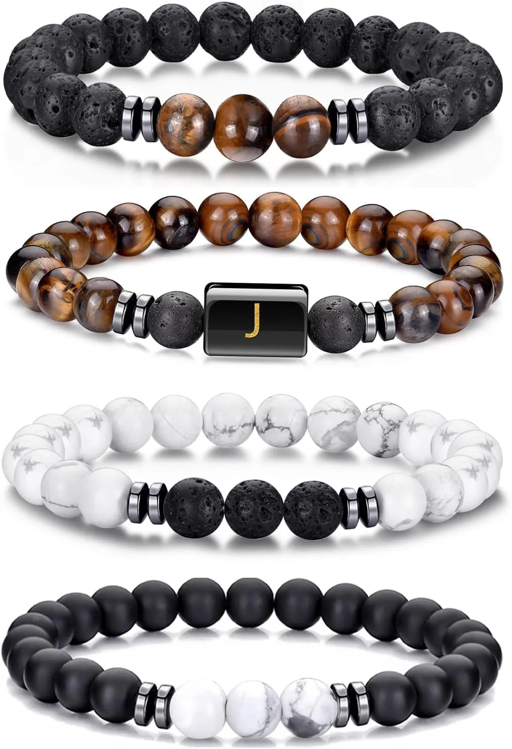 4 PCS Initial Beaded Bracelets for Men Women-8mm Natural Stone Tiger Eye/Lava Rock/Obsidian Stretch Bracelet Jewelry Gifts