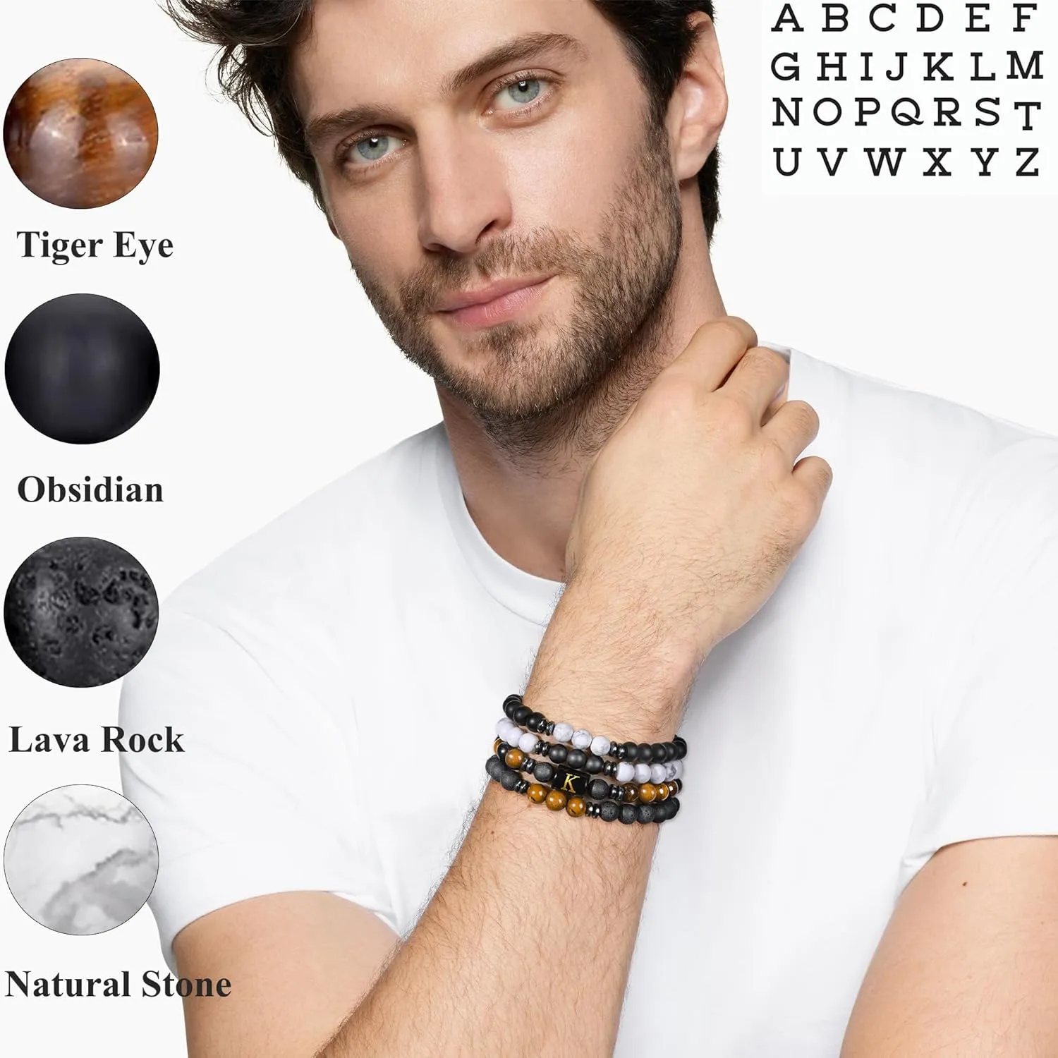 4 PCS Initial Beaded Bracelets for Men Women-8mm Natural Stone Tiger Eye/Lava Rock/Obsidian Stretch Bracelet Jewelry Gifts