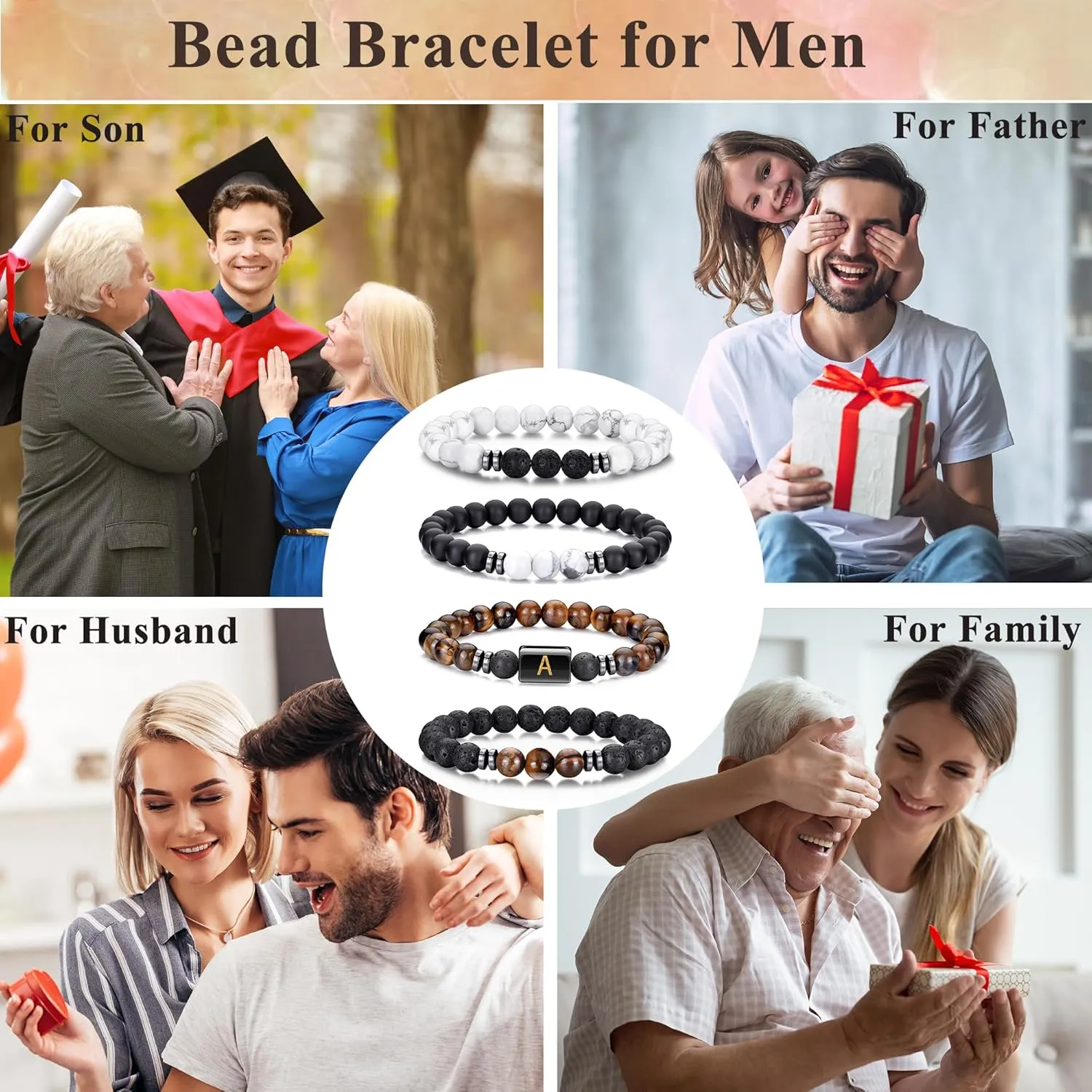 4 PCS Initial Beaded Bracelets for Men Women-8mm Natural Stone Tiger Eye/Lava Rock/Obsidian Stretch Bracelet Jewelry Gifts