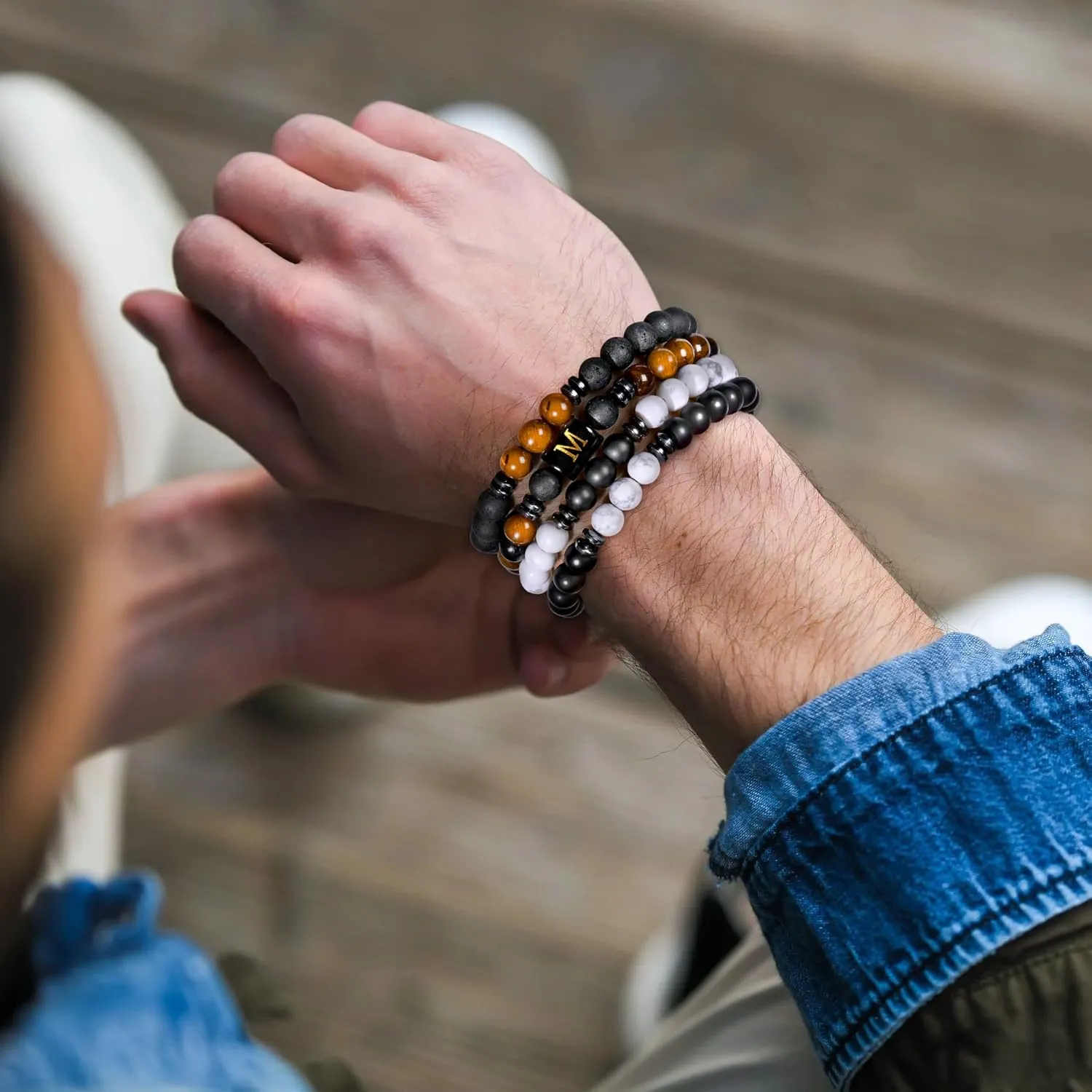 4 PCS Initial Beaded Bracelets for Men Women-8mm Natural Stone Tiger Eye/Lava Rock/Obsidian Stretch Bracelet Jewelry Gifts