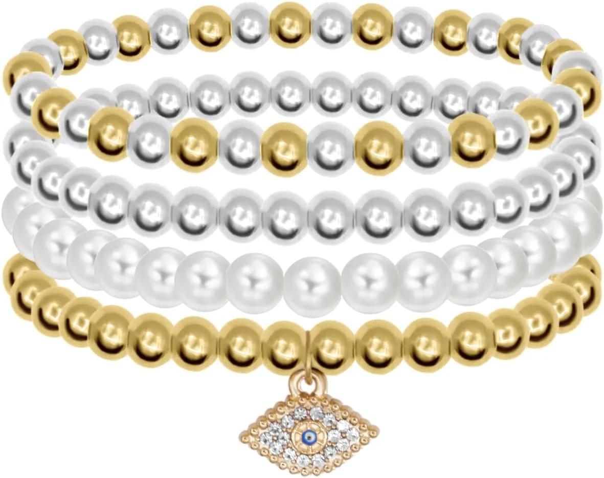 4Pcs Stretch Gold Beaded Bracelets for Women Dainty Handmade Shell Pearl Stackable Bracelet With Crystal Evil Eye Bracelets for Women Unique Jewelry Gifts