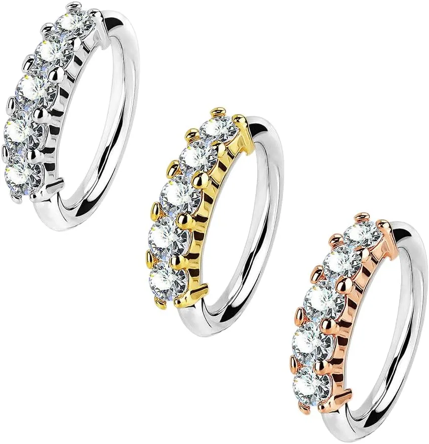 5 CZ Lined Hoop Nose Helix Daith Tragus Conch Cartilage Earrings Lip Rings 20GA (0.8mm) Mixed 3 Colors Body Unique Jewelry Delicate Design Piercing Steel Surgical For Women