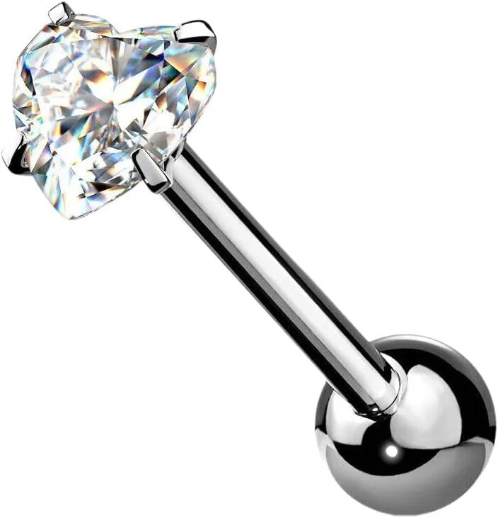 6 mm Prong Set Heart CZ Surgical Steel Barbell Tongue Rings 14G 5/8" Clear Body Unique Jewelry Delicate Design Piercing Steel Surgical For Women