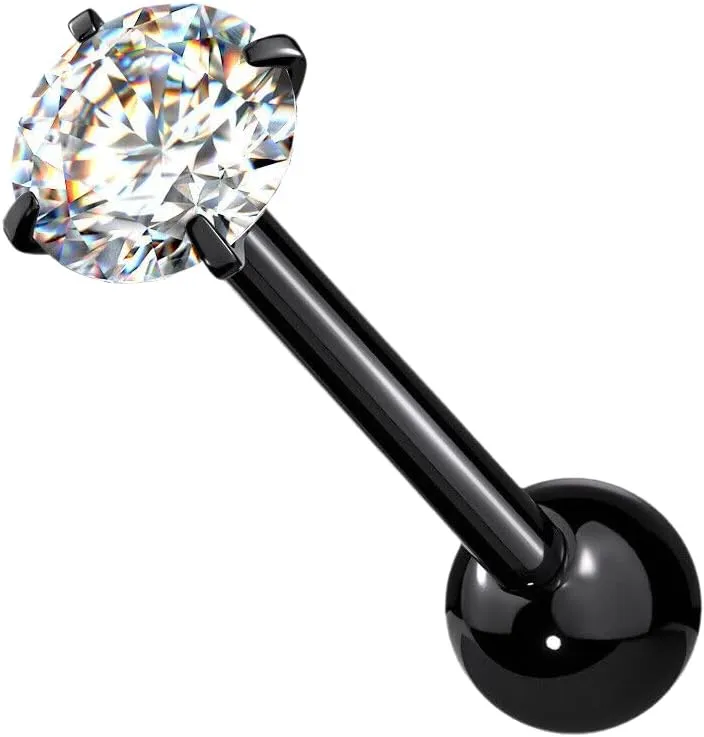 6 mm Prong Set Round CZ Surgical Steel Tongue Rings Barbell 14G 5/8" Black/Clear Body Unique Jewelry Delicate Design Piercing Steel Surgical For Women