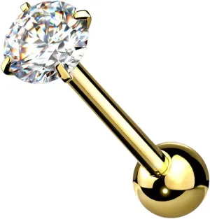 6 mm Prong Set Round CZ Surgical Steel Tongue Rings Barbell 14G 5/8" Gold/Clear Body Unique Jewelry Delicate Design Piercing Steel Surgical For Women