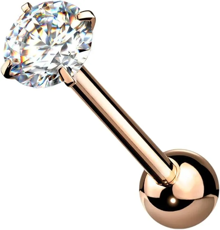 6 mm Prong Set Round CZ Surgical Steel Tongue Rings Barbell 14G 5/8" Rose Gold/Clear Body Unique Jewelry Delicate Design Piercing Steel Surgical For Women