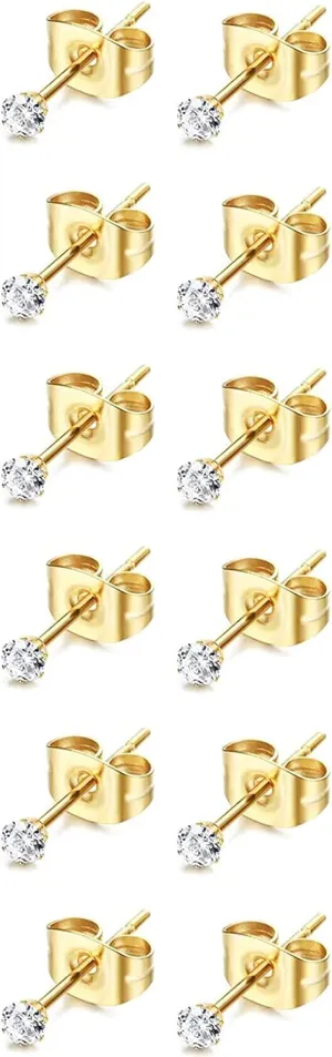 6Pairs 2mm/3mm Surgical Steel Hypoallergenic Piercing Studs, 20G 14K Real Gold Filled Tiny Stud Earrings Set for Multiple Hole Piercing (Cubic Zirconia, Pearl, Ball)