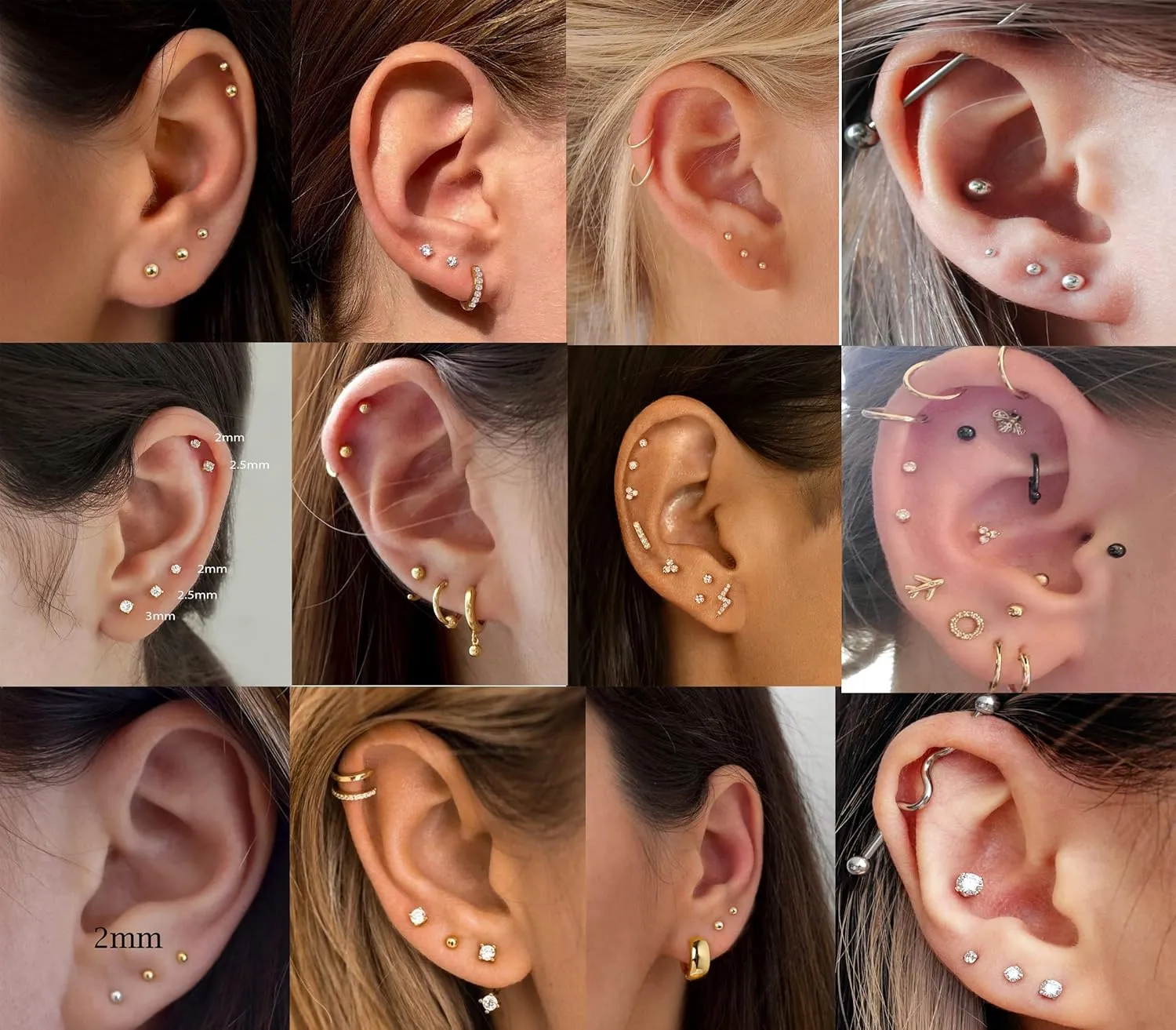 6Pairs 2mm/3mm Surgical Steel Hypoallergenic Piercing Studs, 20G 14K Real Gold Filled Tiny Stud Earrings Set for Multiple Hole Piercing (Cubic Zirconia, Pearl, Ball)