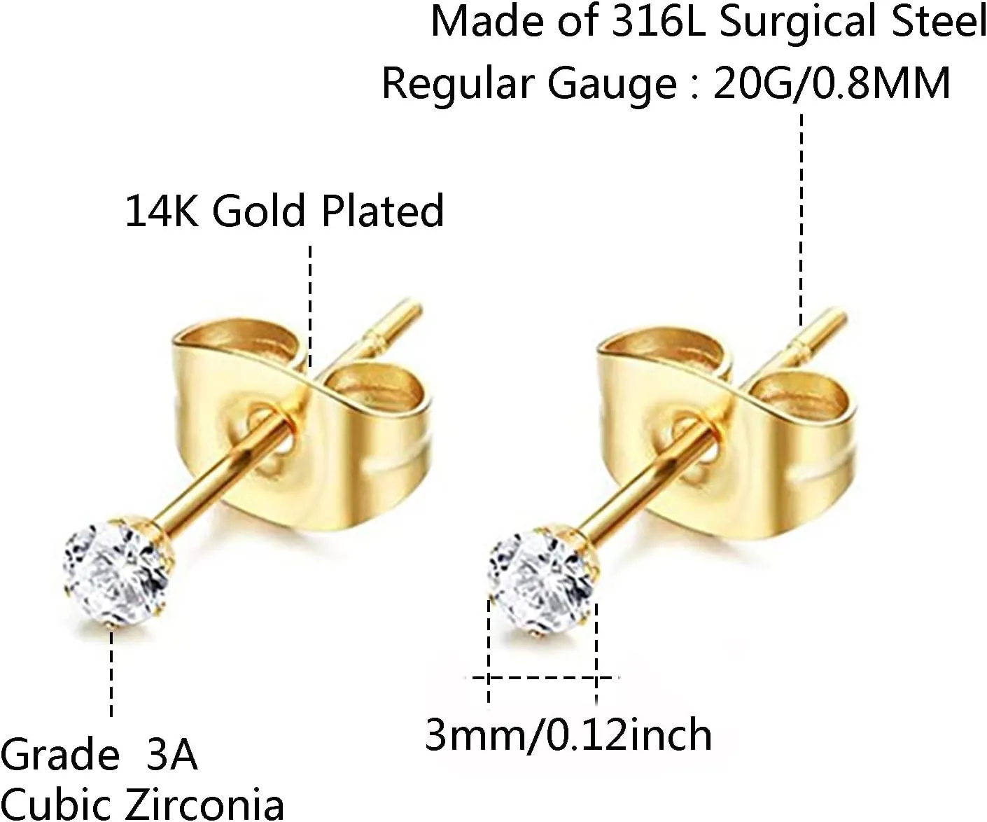 6Pairs 2mm/3mm Surgical Steel Hypoallergenic Piercing Studs, 20G 14K Real Gold Filled Tiny Stud Earrings Set for Multiple Hole Piercing (Cubic Zirconia, Pearl, Ball)