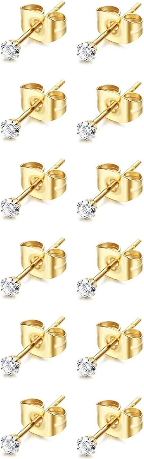 6Pairs 2mm/3mm Surgical Steel Hypoallergenic Piercing Studs, 20G 14K Real Gold Filled Tiny Stud Earrings Set for Multiple Hole Piercing (Cubic Zirconia, Pearl, Ball)