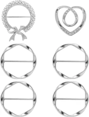 6pcs Scarf Ring Clips, Stylish Metal T-Shirt Tie Clips Silver Silk Scarf Cinch Clip Alloy Waist Buckle Twist Tee Knot Clasp for Loose Clothes Shawl Cardigan
