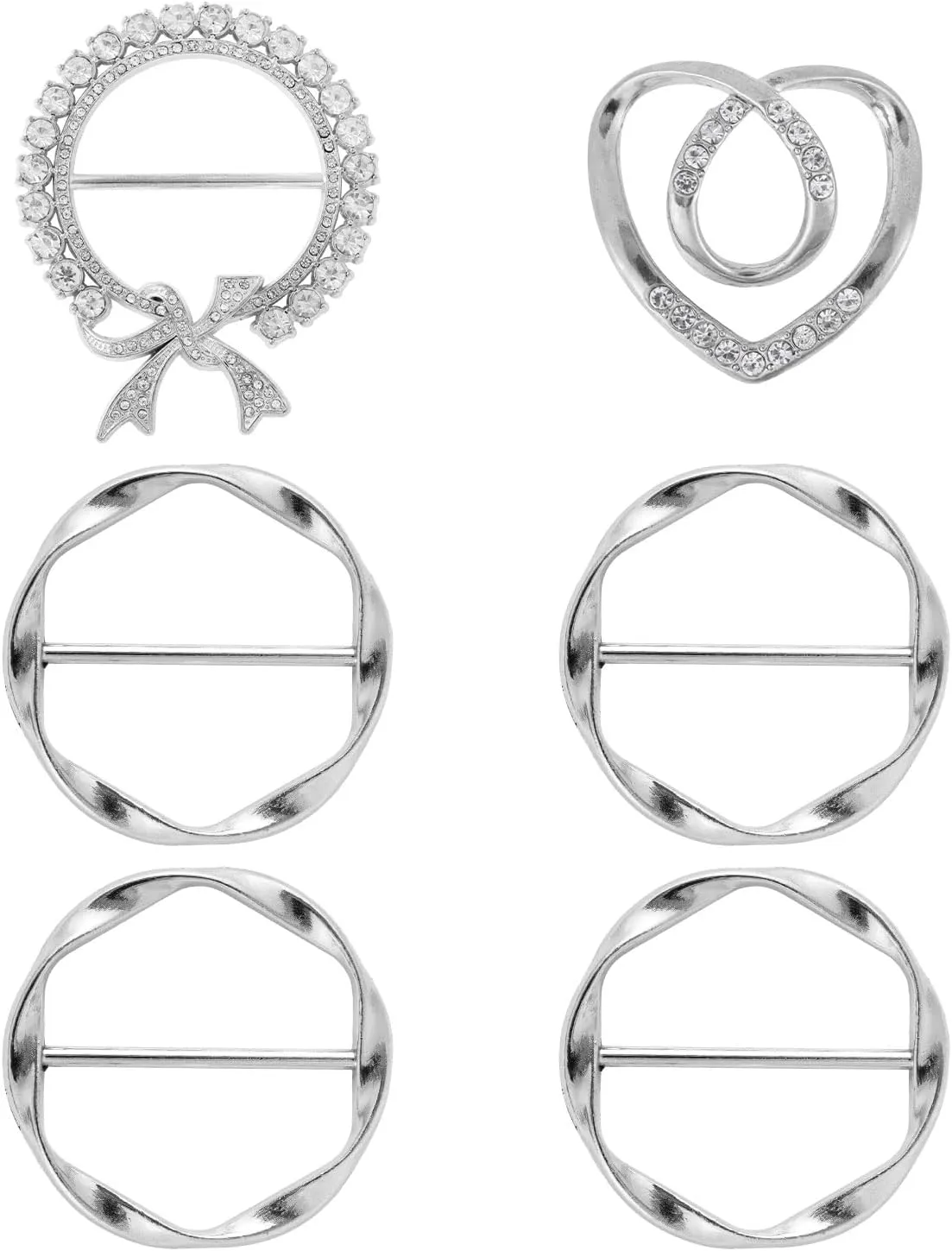 6pcs Scarf Ring Clips, Stylish Metal T-Shirt Tie Clips Silver Silk Scarf Cinch Clip Alloy Waist Buckle Twist Tee Knot Clasp for Loose Clothes Shawl Cardigan