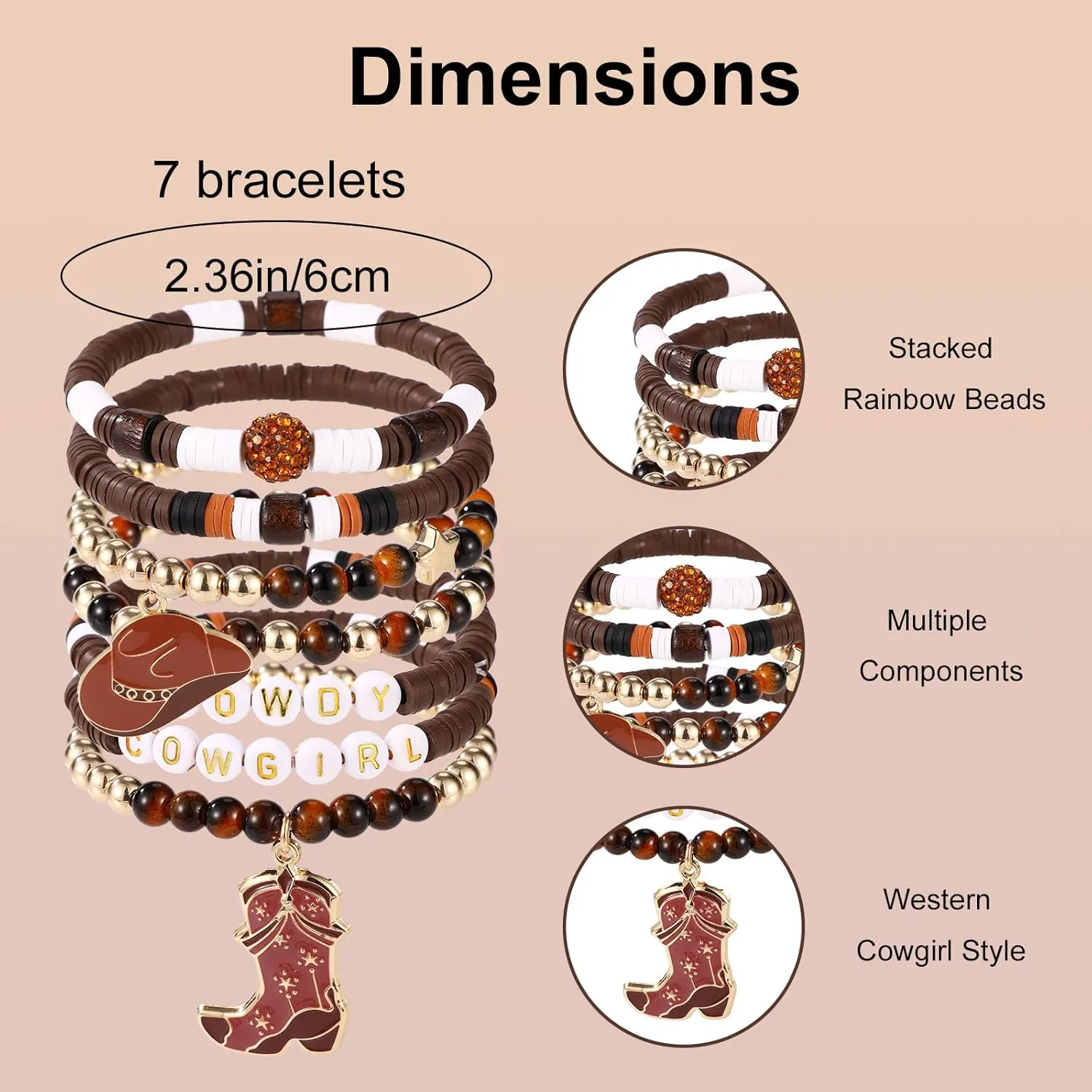 7pcs Cowgirl Beaded Bracelets, Stackable Western Country Beaded Stretch Bracelets with Cowgirl Hat and Boots Charms Y2K Style Boho Summer Beach Jewelry Accessories for Women