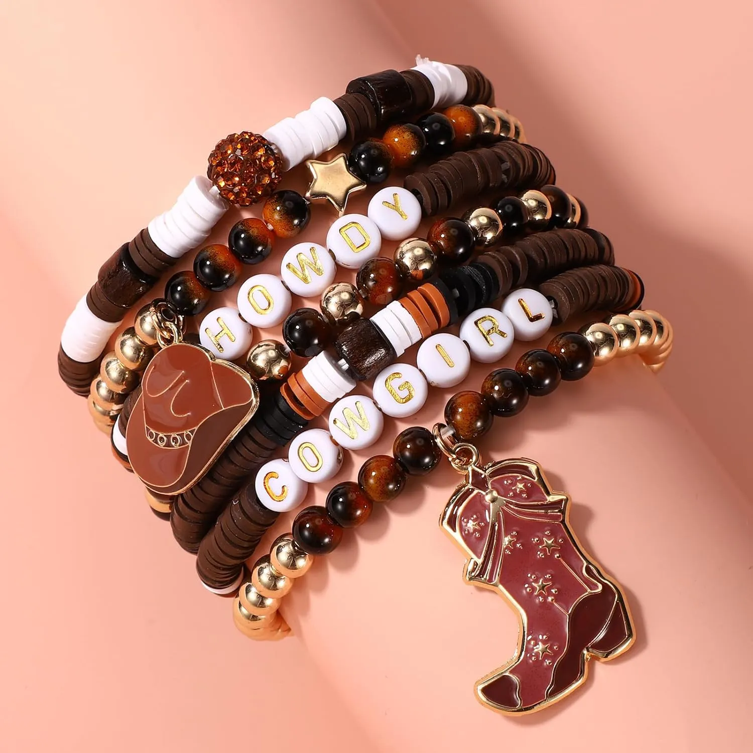 7pcs Cowgirl Beaded Bracelets, Stackable Western Country Beaded Stretch Bracelets with Cowgirl Hat and Boots Charms Y2K Style Boho Summer Beach Jewelry Accessories for Women