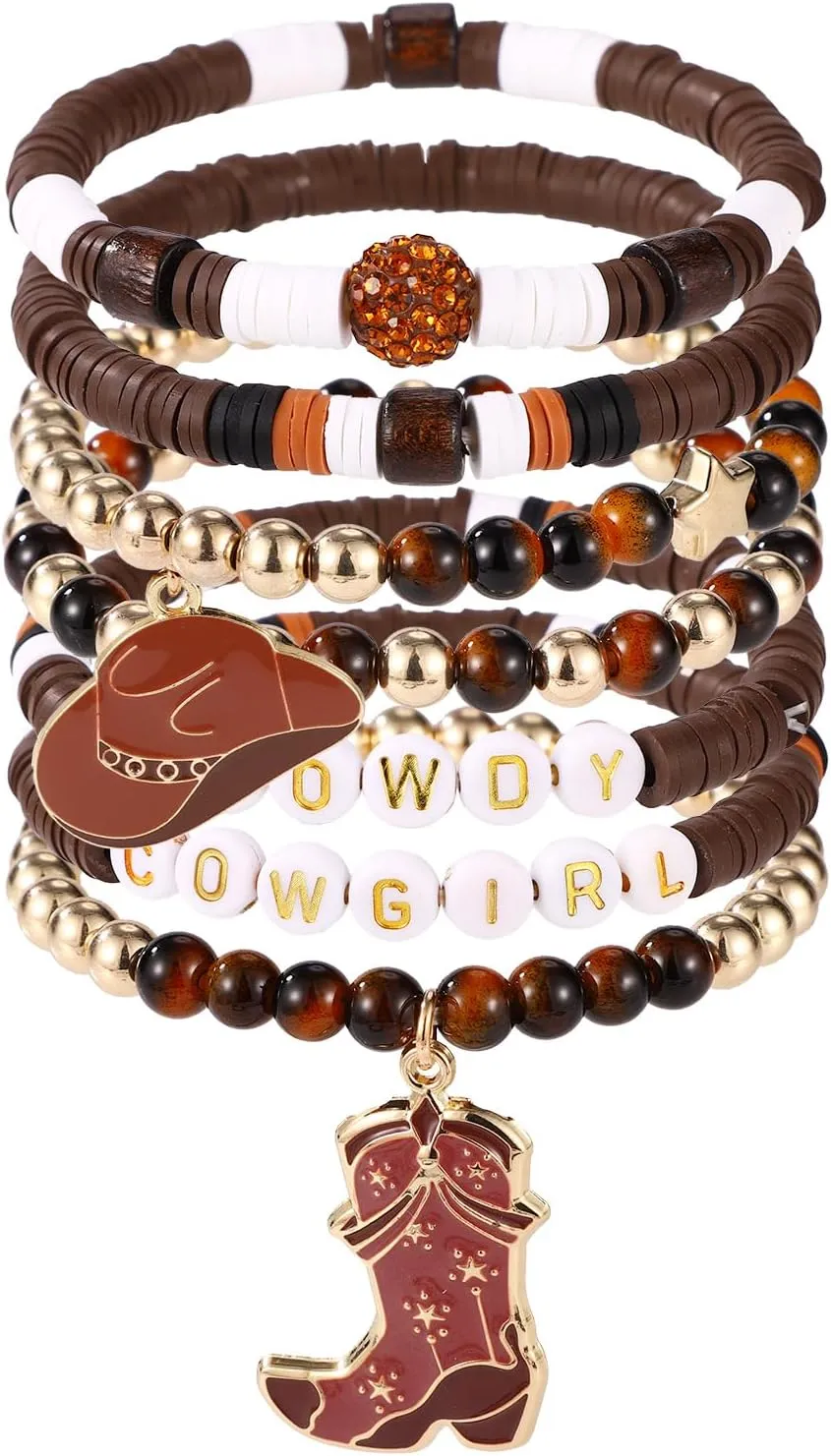 7pcs Cowgirl Beaded Bracelets, Stackable Western Country Beaded Stretch Bracelets with Cowgirl Hat and Boots Charms Y2K Style Boho Summer Beach Jewelry Accessories for Women