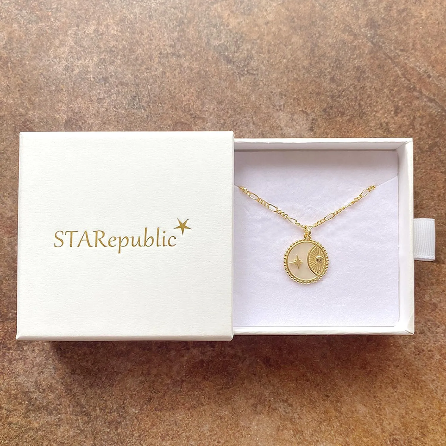 925 Sterling Silver 14K Gold Plated Bohemia Solar Crescent Mother of Pearl Pendant Necklace