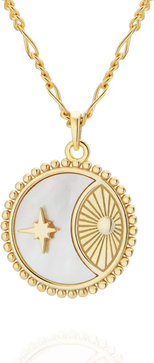 925 Sterling Silver 14K Gold Plated Bohemia Solar Crescent Mother of Pearl Pendant Necklace
