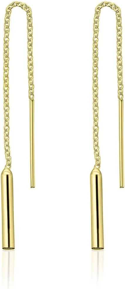 925 Sterling Silver, 24K Yellow or 18K Rose Gold Plated Threader Pull Through THIN Drop Chain Earrings with Dangling Bar - Length: 78/86/105 mm